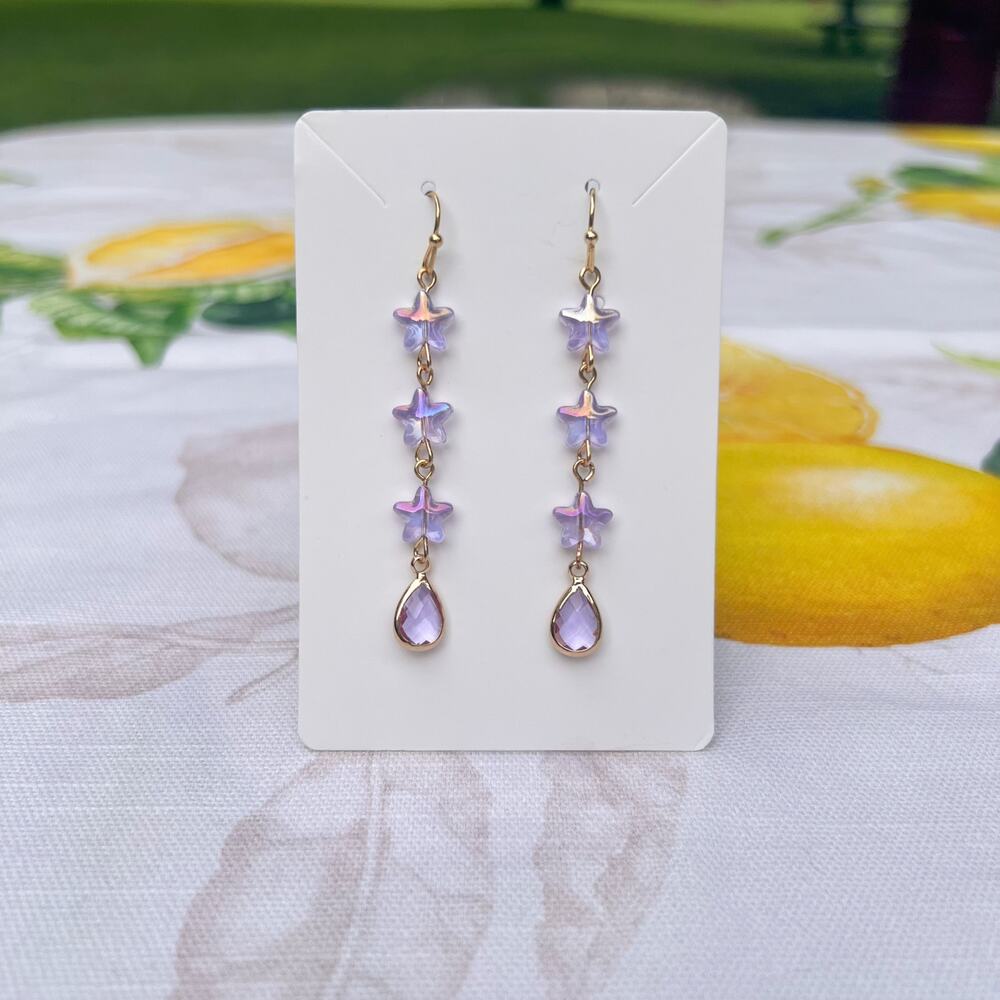 Fun Dangle Star Lavender Amethyst Purple Tone Crystal Glass Whimsical Earrings